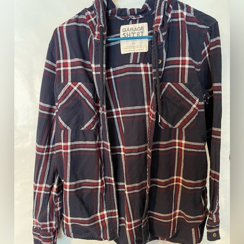Navy blue hooded flannel
